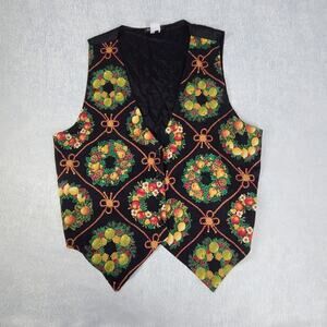 111 Main Vintage holiday wreath vest black fruit ribbons Size 1X Grannycore
